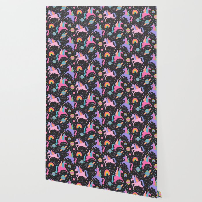 Space Unicorns - Neon Rainbow on Black Wallpaper Gallery Image 2