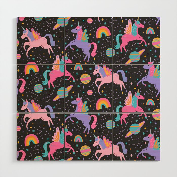 Space Unicorns - Neon Rainbow on Black Wood Wall Art Gallery Image 1