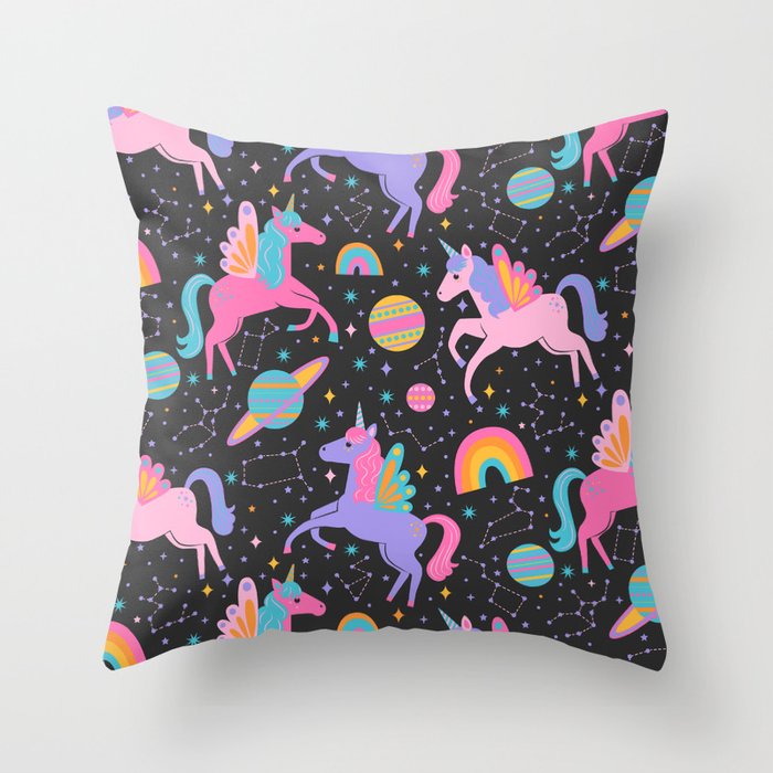 Space Unicorns - Neon Rainbow on Black Throw Pillow Gallery Image 6