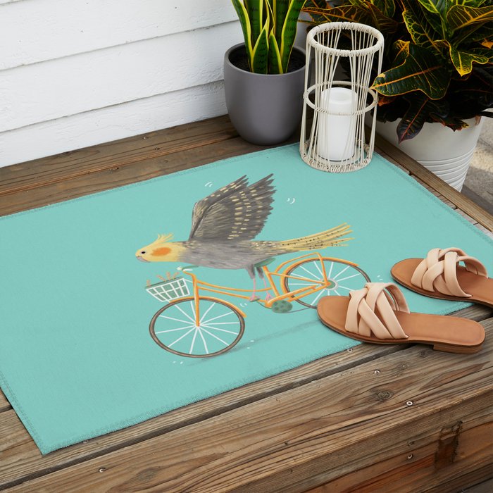 Cockatiel on a Bicycle Outdoor Rug Gallery Image 2
