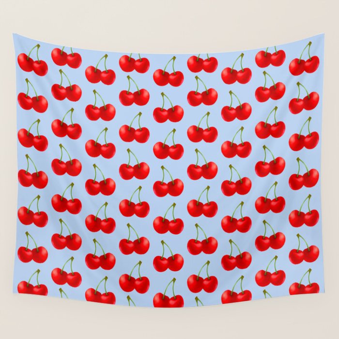Y2K Cherries - Blue Pattern Large Wall Tapestry Gallery Image 4