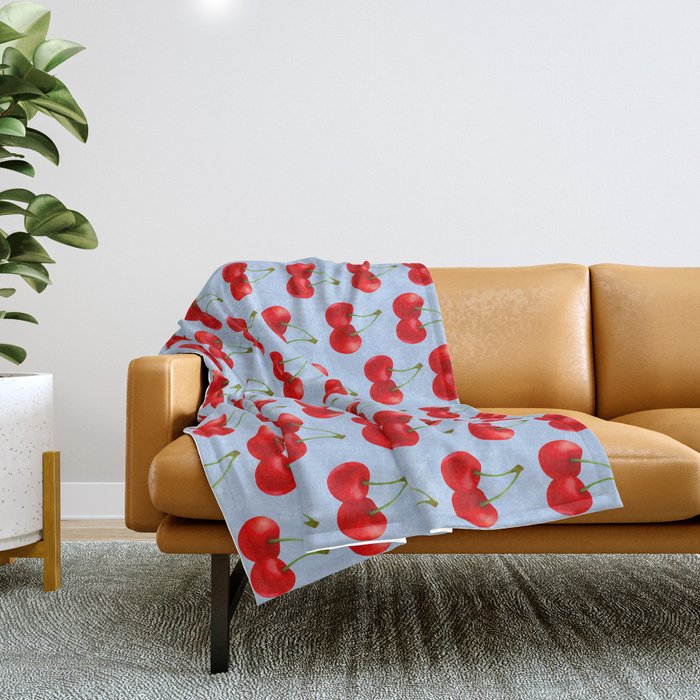 Y2K Cherries - Blue Pattern Large Throw Blanket Gallery Image 1