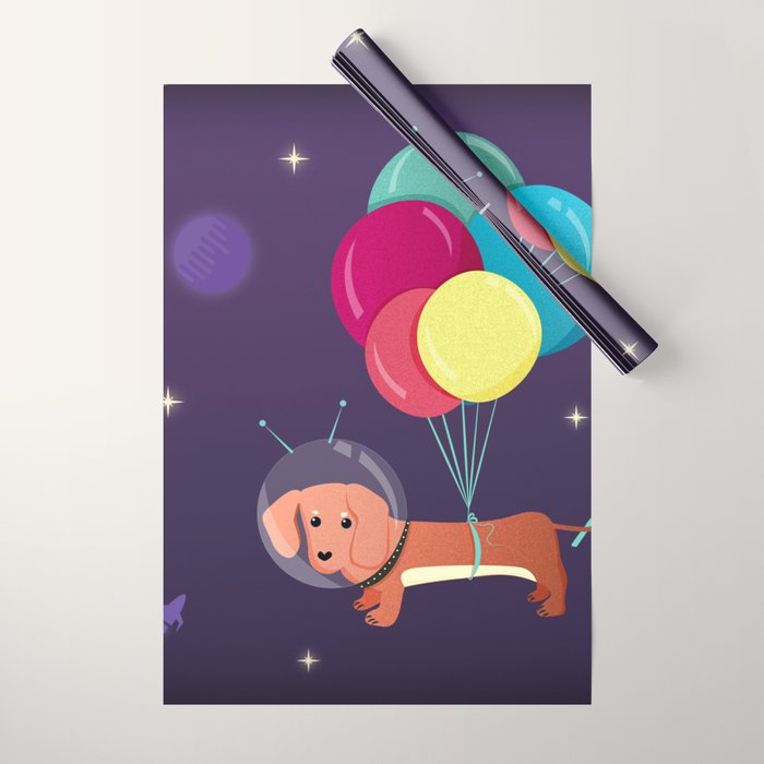 Galaxy Dog with balloons Wrapping Paper Gallery Image 1