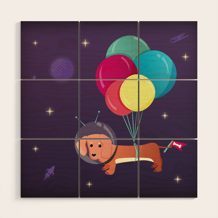 Galaxy Dog with balloons Wood Wall Art Gallery Image 1