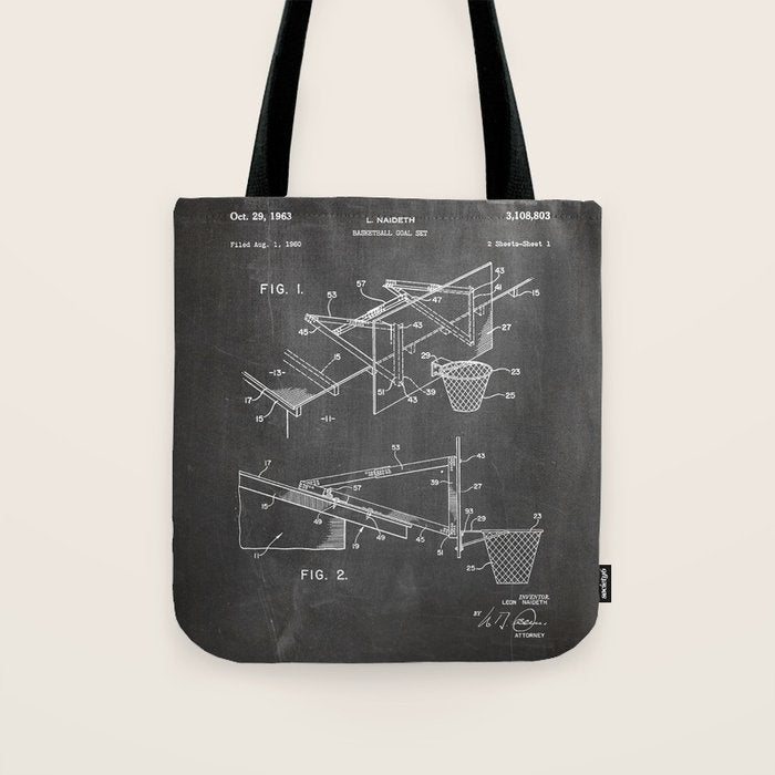 Basketball Patent - Basketball Player Coach Team Art - Black Chalkboard Tote Bag Gallery Image 1