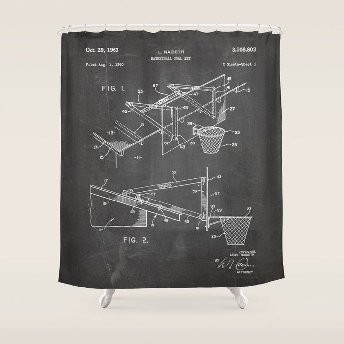 Basketball Patent - Basketball Player Coach Team Art - Black Chalkboard Shower Curtain Gallery Image 1