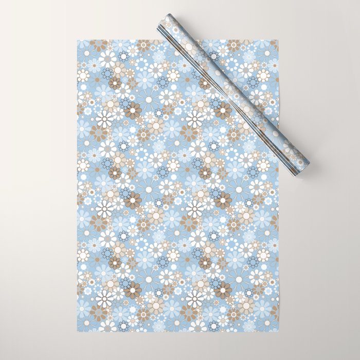 Retro Floral Garden Flower Pattern in Ice Blue Wrapping Paper Gallery Image 1