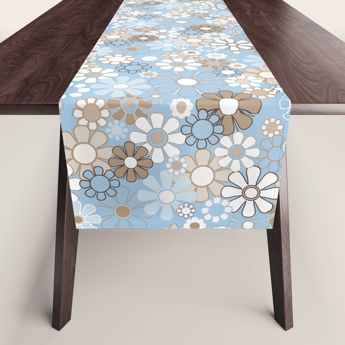 Retro Floral Garden Flower Pattern in Ice Blue Table Runner Gallery Image 1