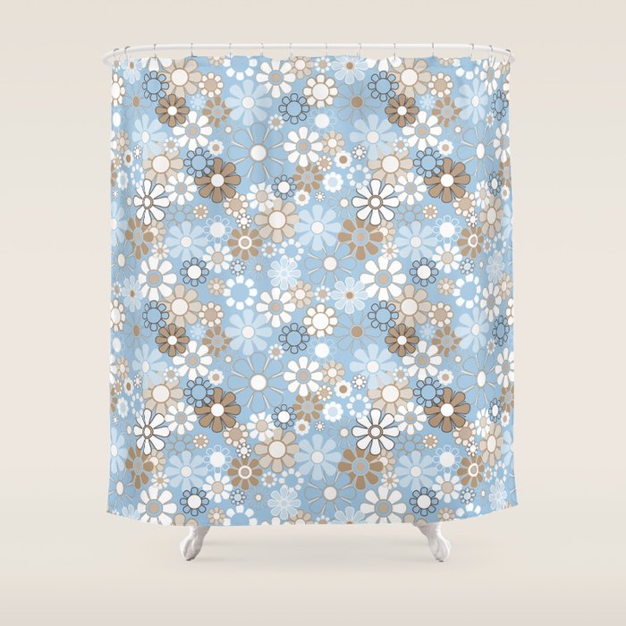 Retro Floral Garden Flower Pattern in Ice Blue Shower Curtain Gallery Image 1