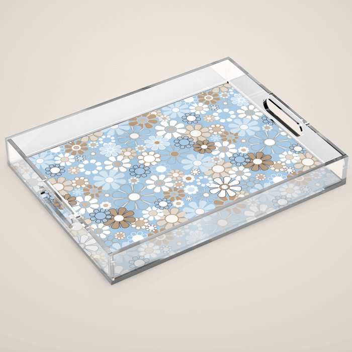 Retro Floral Garden Flower Pattern in Ice Blue Acrylic Tray Gallery Image 1
