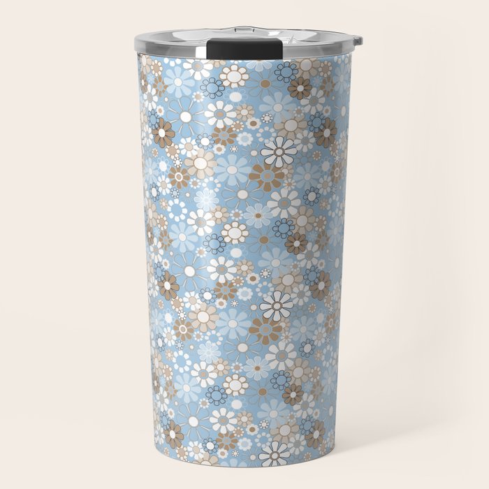 Retro Floral Garden Flower Pattern in Ice Blue Travel Mug Gallery Image 1