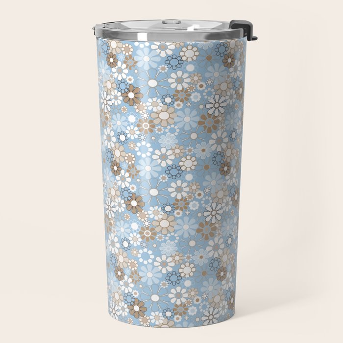 Retro Floral Garden Flower Pattern in Ice Blue Travel Mug Gallery Image 2