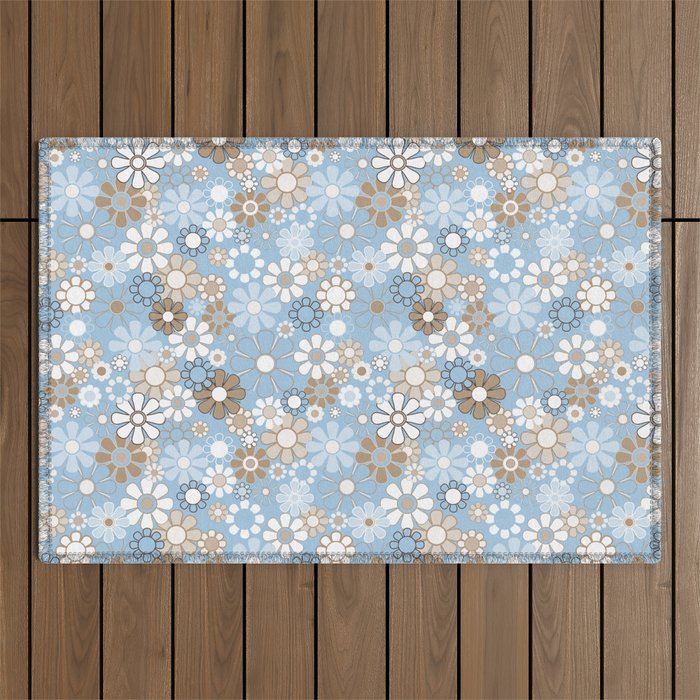 Retro Floral Garden Flower Pattern in Ice Blue Outdoor Rug Gallery Image 1
