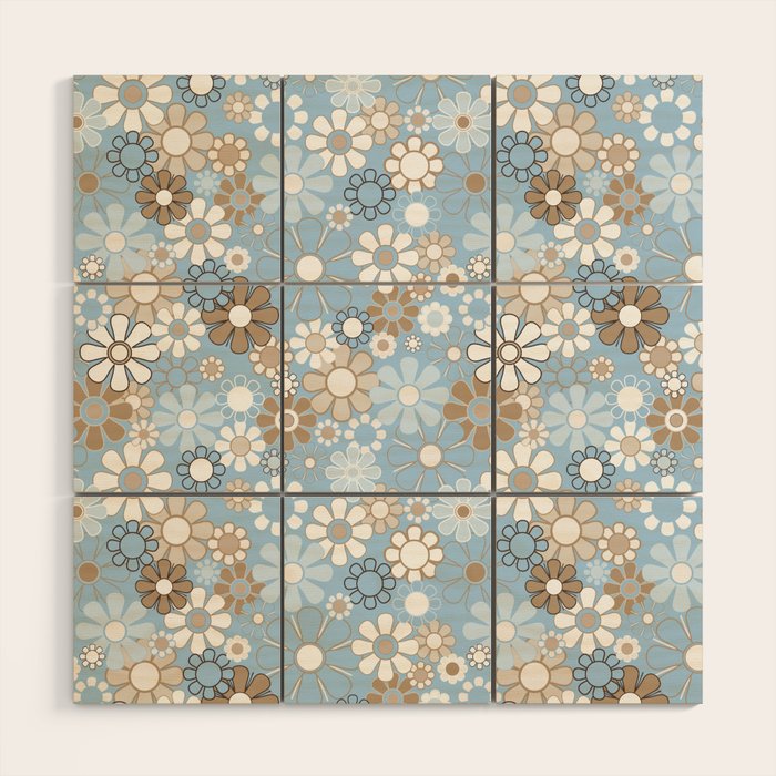 Retro Floral Garden Flower Pattern in Ice Blue Wood Wall Art Gallery Image 1