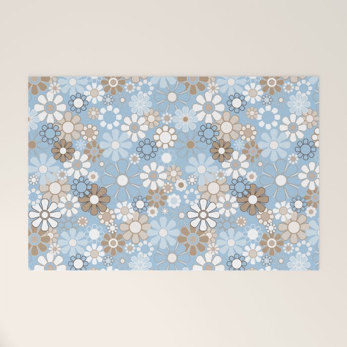 Retro Floral Garden Flower Pattern in Ice Blue Welcome Mat Gallery Image 1