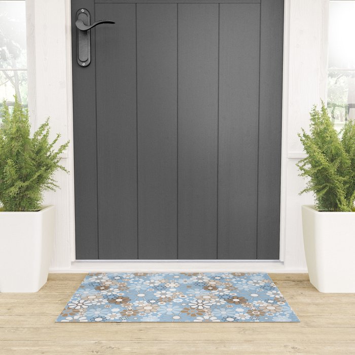 Retro Floral Garden Flower Pattern in Ice Blue Welcome Mat Gallery Image 3