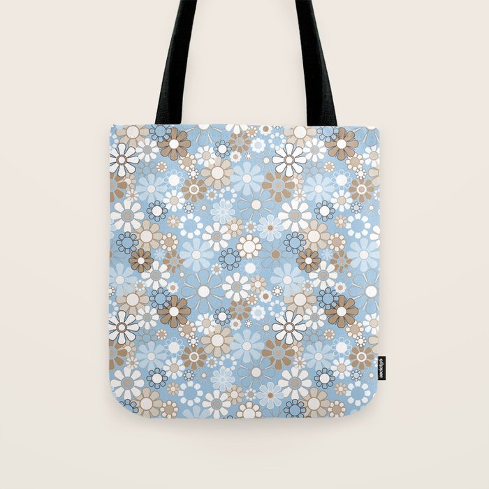 Retro Floral Garden Flower Pattern in Ice Blue Tote Bag Gallery Image 1
