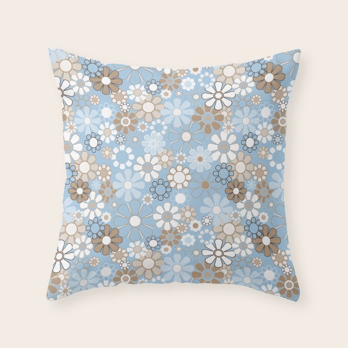 Retro Floral Garden Flower Pattern in Ice Blue Throw Pillow Gallery Image 1