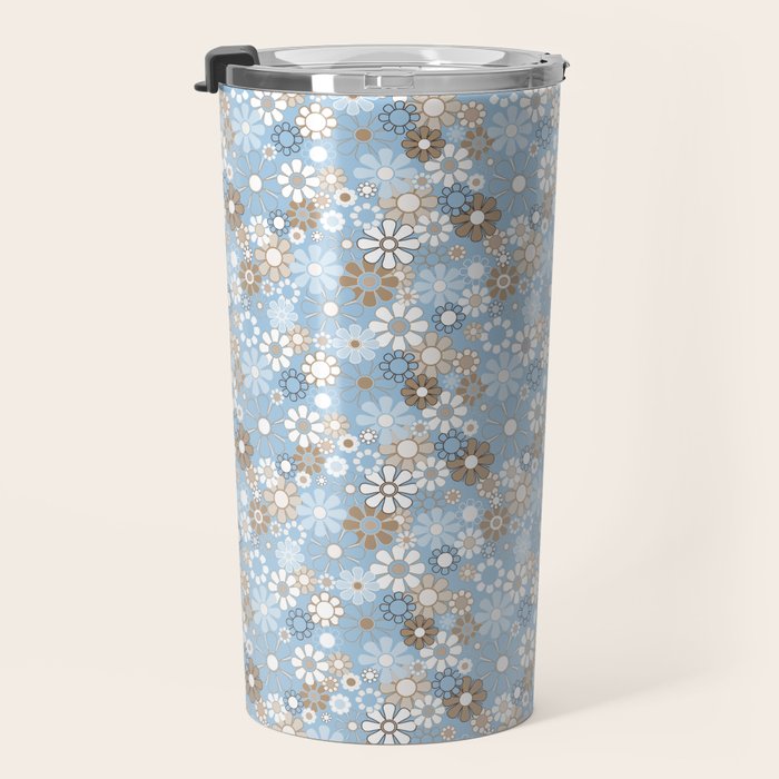 Retro Floral Garden Flower Pattern in Ice Blue Travel Mug Gallery Image 3