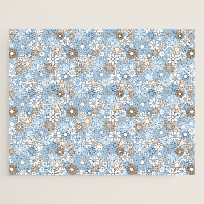 Retro Floral Garden Flower Pattern in Ice Blue Jigsaw Puzzle Gallery Image 1