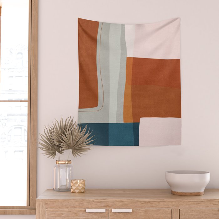 Abstract MCM Navy Burnt Orange Beige Blush Wall Tapestry Gallery Image 2