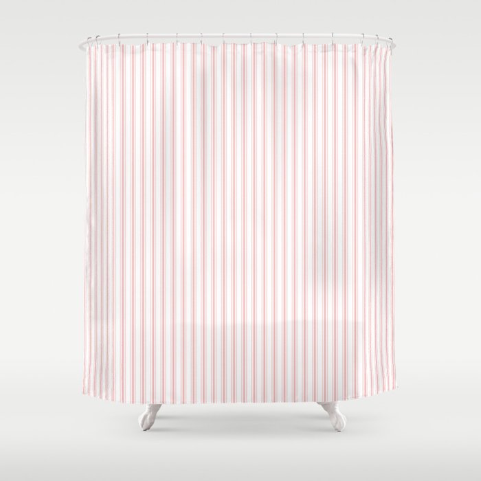 Thin Lush Blush Pink and White Mattress Ticking Stripes Shower Curtain Gallery Image 1