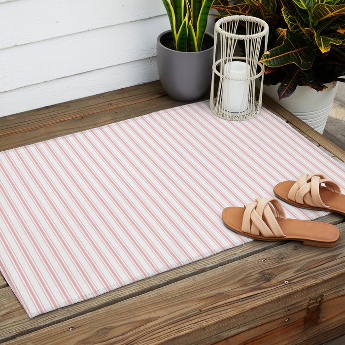 Thin Lush Blush Pink and White Mattress Ticking Stripes Outdoor Rug Gallery Image 2