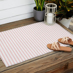 Thin Lush Blush Pink and White Mattress Ticking Stripes Outdoor Rug Gallery Image 2
