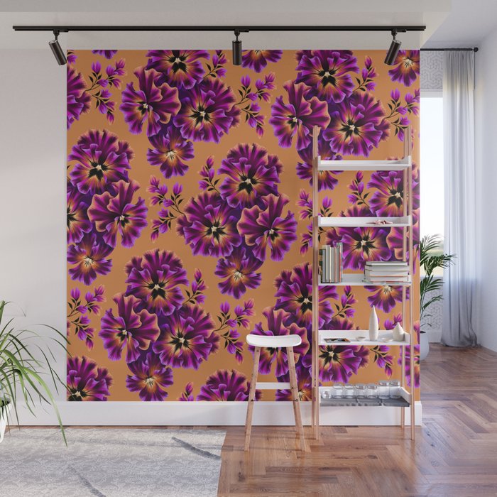 Pansies Floral - Peach and Purple Wall Mural Gallery Image 1