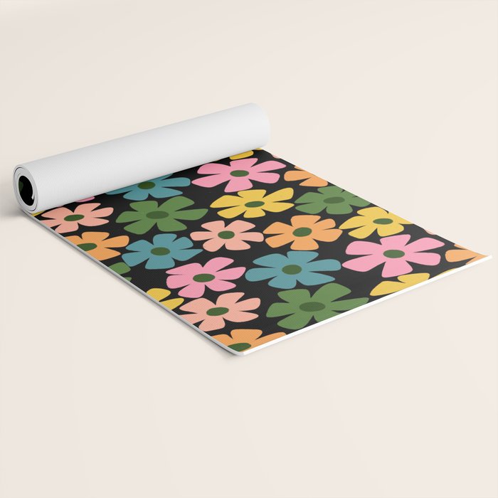 Retro Flower - Big Daisy Black background Yoga Mat Gallery Image 2