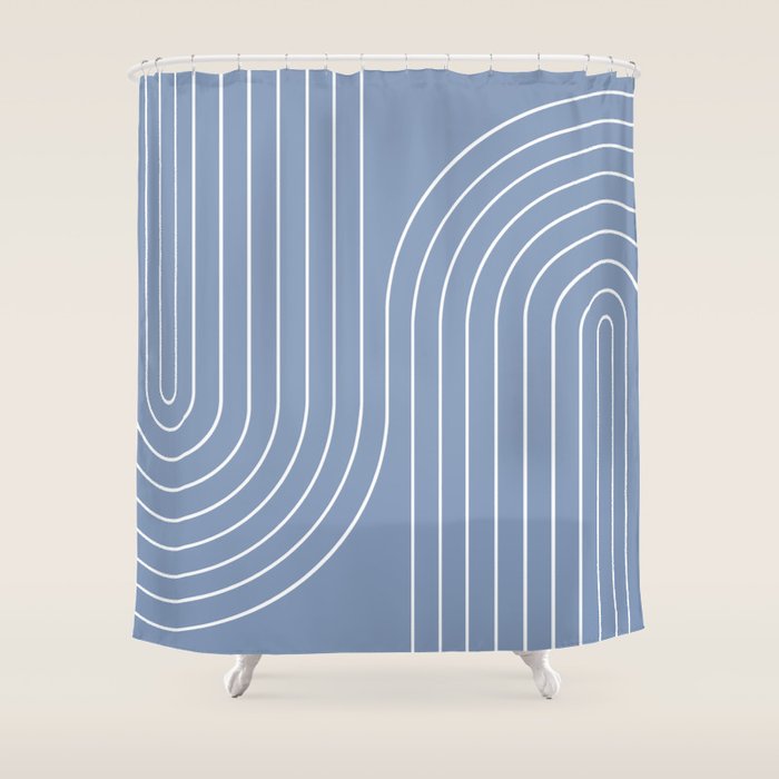 Minimal Line Curvature XIII Natural Blue Mid Century Modern Arch Abstract Shower Curtain Gallery Image 1