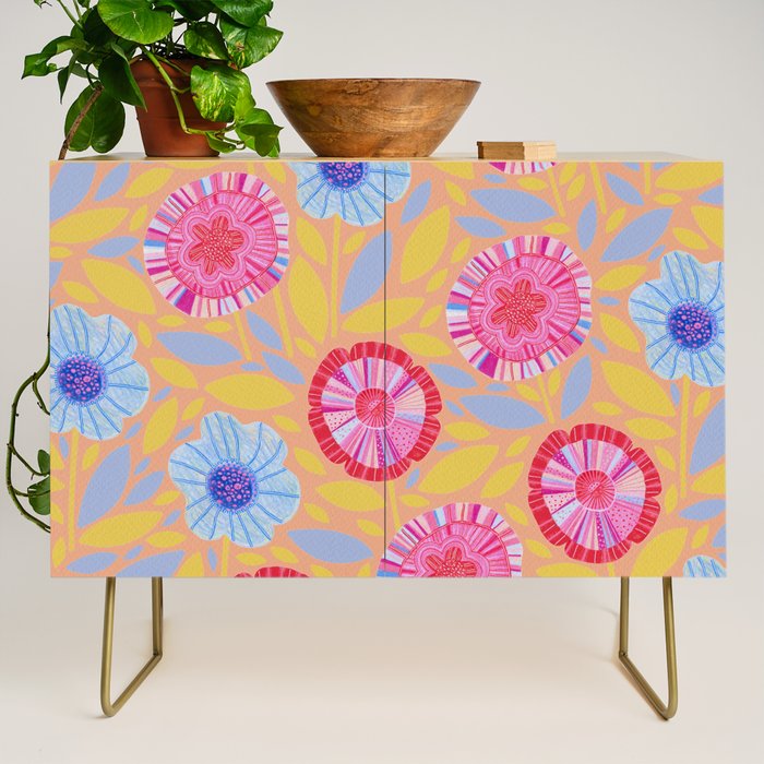 Folk Floral Blossoms in Pastel Pink Credenza Gallery Image 1