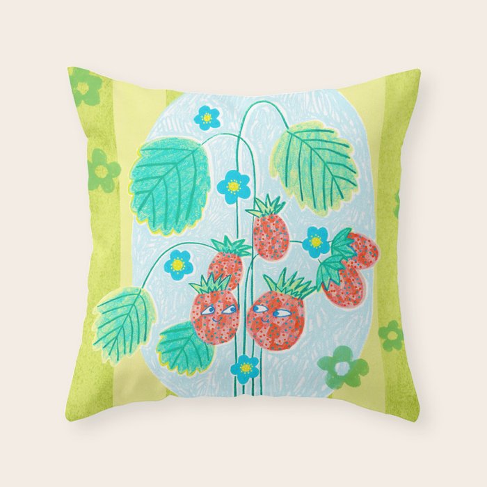 Sweet Strawberry Plant Friends in Lime & Pink Throw Pillow Gallery Image 6