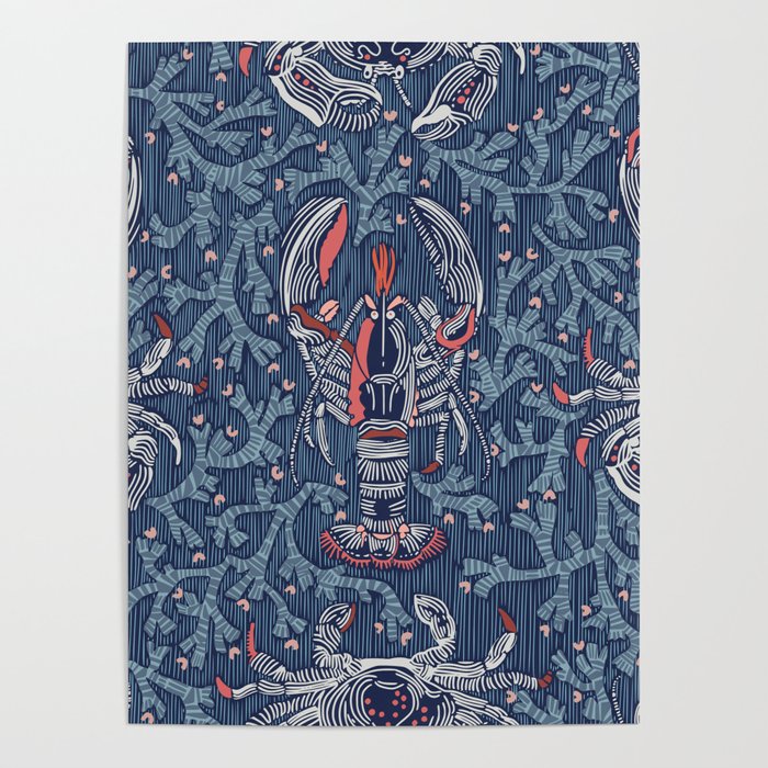 Lobster and crab coastal nostalgia navy Poster Gallery Image 4
