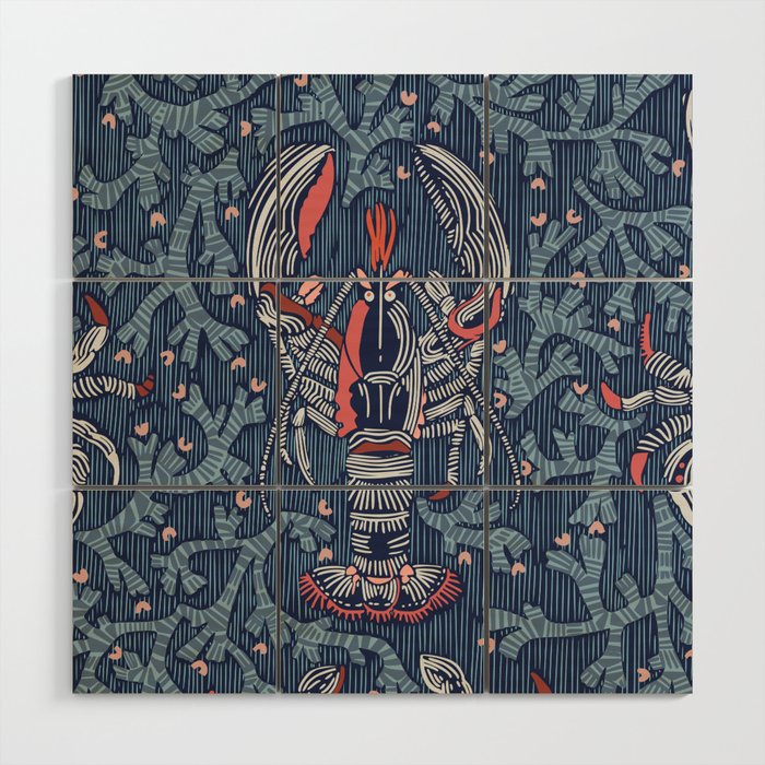 Lobster and crab coastal nostalgia navy Wood Wall Art Gallery Image 1