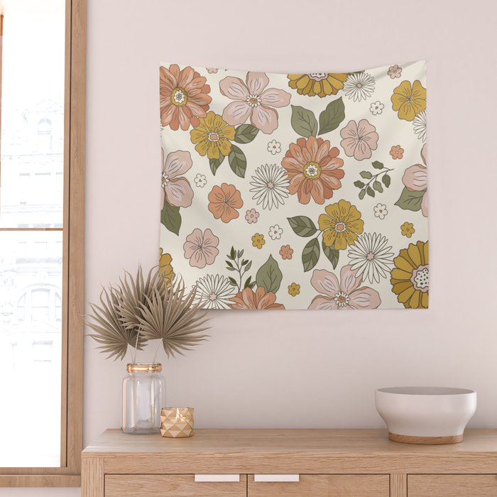Floral PATTERN in Pink Yellow Green Wall Tapestry Gallery Image 2