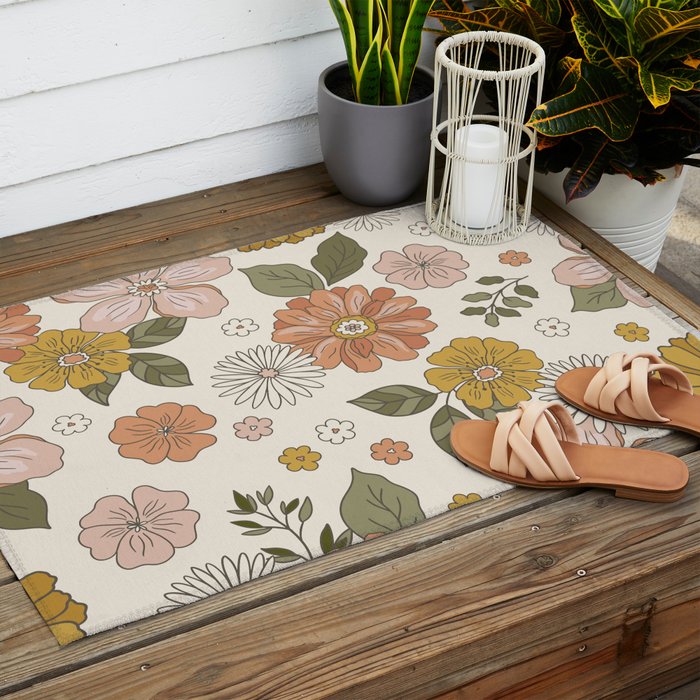 Floral PATTERN in Pink Yellow Green Outdoor Rug Gallery Image 2