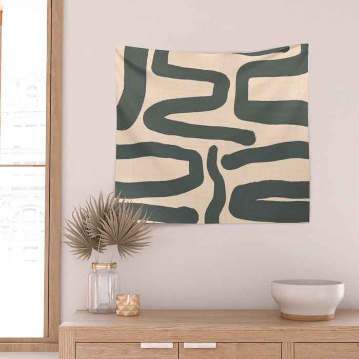 Abstract Retro Maze - Mid Century Modern Lines Green  Wall Tapestry Gallery Image 2