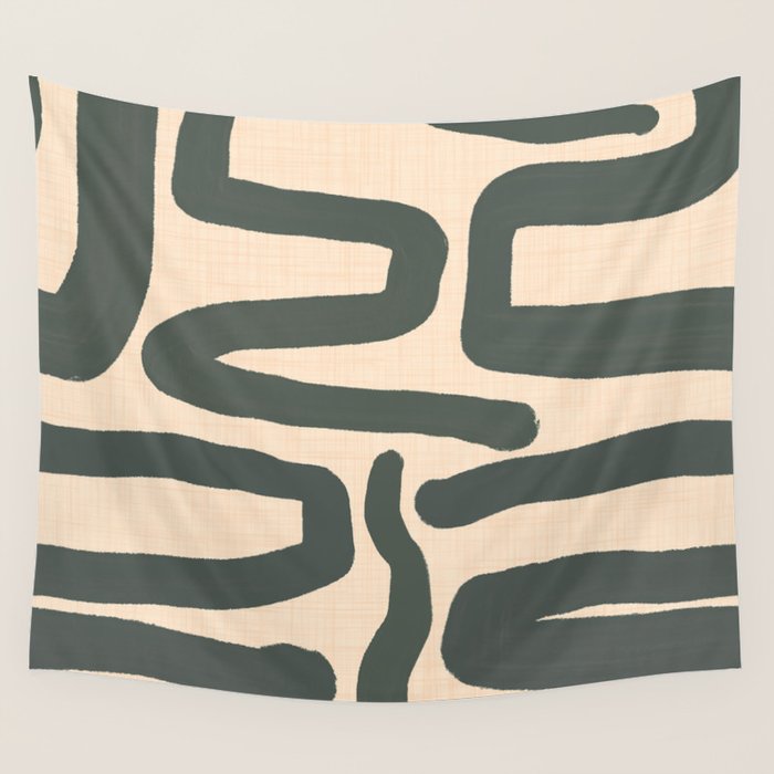 Abstract Retro Maze - Mid Century Modern Lines Green  Wall Tapestry Gallery Image 4