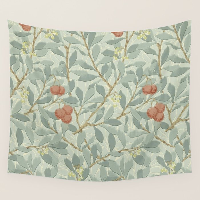 William Morris Arbutus Major Blue Cream Red Pattern Wall Tapestry Gallery Image 1