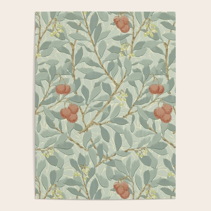 William Morris Arbutus Major Blue Cream Red Pattern Poster Gallery Image 1
