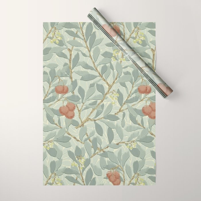 William Morris Arbutus Major Blue Cream Red Pattern Wrapping Paper Gallery Image 1