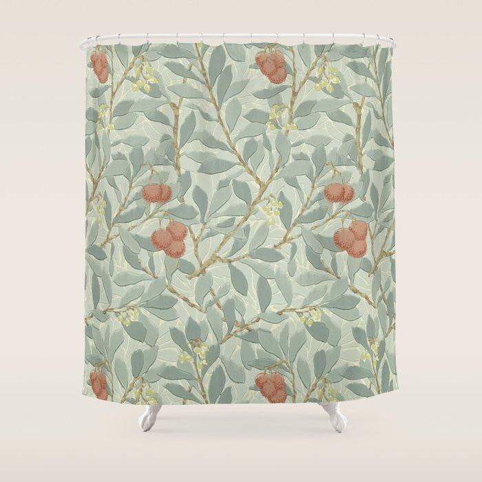 William Morris Arbutus Major Blue Cream Red Pattern Shower Curtain Gallery Image 1