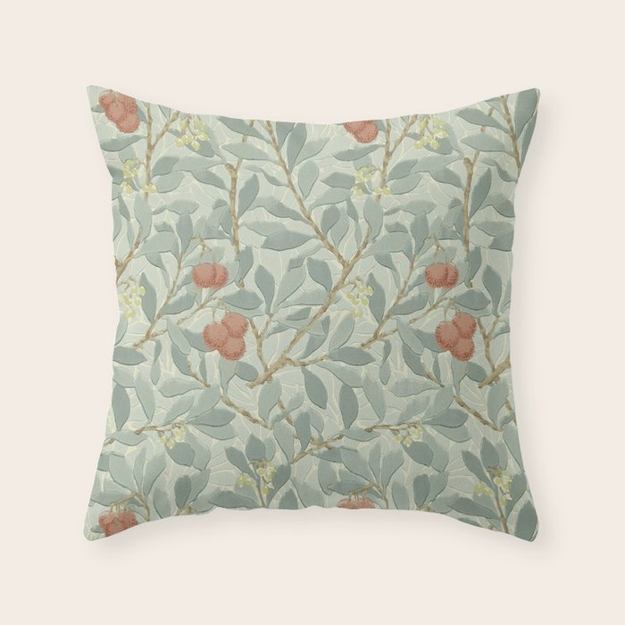 William Morris Arbutus Major Blue Cream Red Pattern Throw Pillow Gallery Image 1