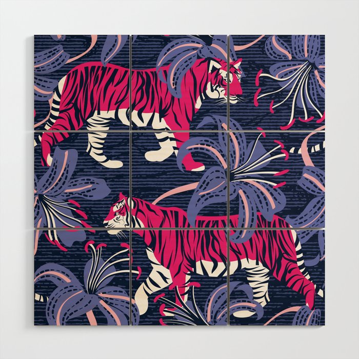 Tigers in a tiger lily garden // textured navy blue background fuchsia pink wild animals very peri flowers Wood Wall Art Gallery Image 1