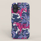 Tigers in a tiger lily garden // textured navy blue background fuchsia pink wild animals very peri flowers iPhone Case Gallery Image 1