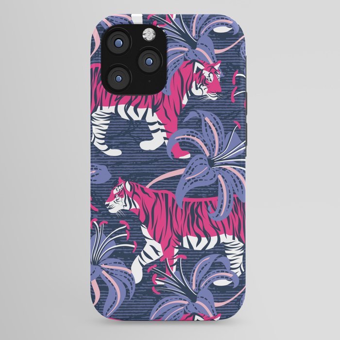 Tigers in a tiger lily garden // textured navy blue background fuchsia pink wild animals very peri flowers iPhone Case Gallery Image 44