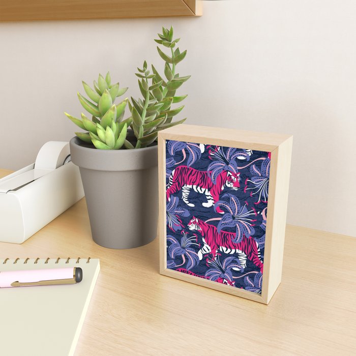 Tigers in a tiger lily garden // textured navy blue background fuchsia pink wild animals very peri flowers Mini Art Print Gallery Image 2