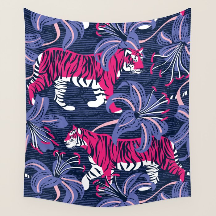 Tigers in a tiger lily garden // textured navy blue background fuchsia pink wild animals very peri flowers Wall Tapestry Gallery Image 4
