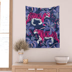 Tigers in a tiger lily garden // textured navy blue background fuchsia pink wild animals very peri flowers Wall Tapestry Gallery Image 2